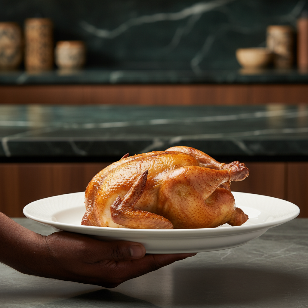 Coq fumé découpé servi sur assiette blanche, prêt à être dégusté. Volaille surgelée au goût fumé, parfaite pour repas familial ou festif.